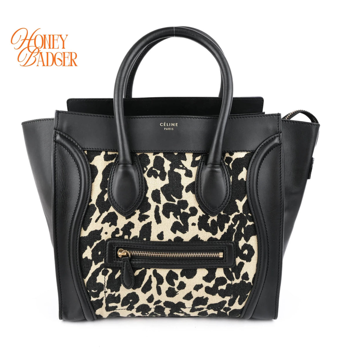 Celine Luggage Mini Shopper Leopard Print Canvas Black Calfskin Gold Hardware Rank AB