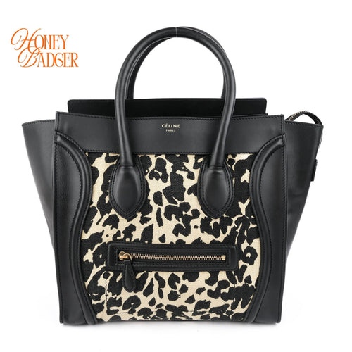 Celine Luggage Mini Shopper Leopard Print Canvas Black Calfskin Gold Hardware Rank AB