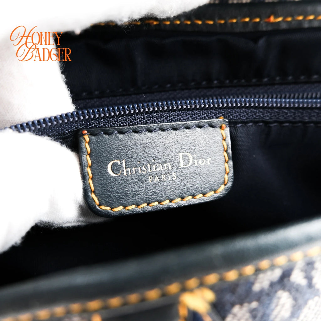Dior Vintage Double Saddle Bag Oblique Canvas Navy Gold Hardware Rank A
