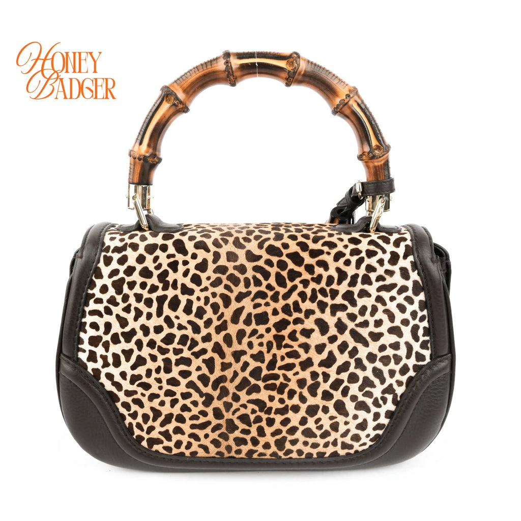 Gucci Bamboo Leopard Calf Hair 2WAY Handbag Rank A