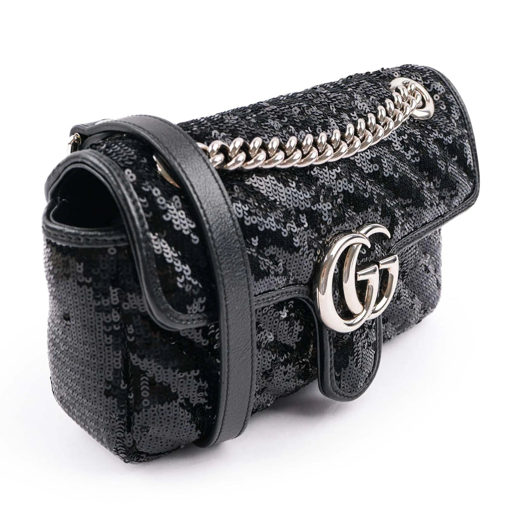Gucci GG Marmont Medium Sequin Chain Shoulder Bag Black Rank S