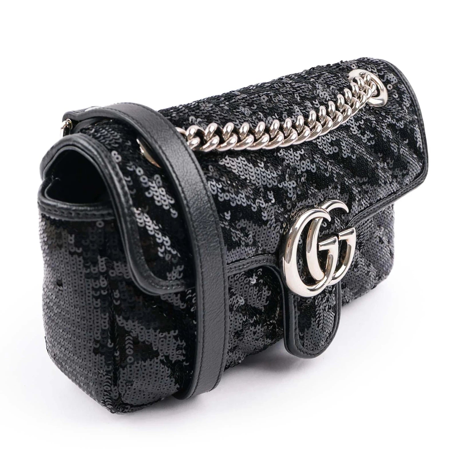 Gucci GG Marmont Medium Sequin Chain Shoulder Bag Black Rank S
