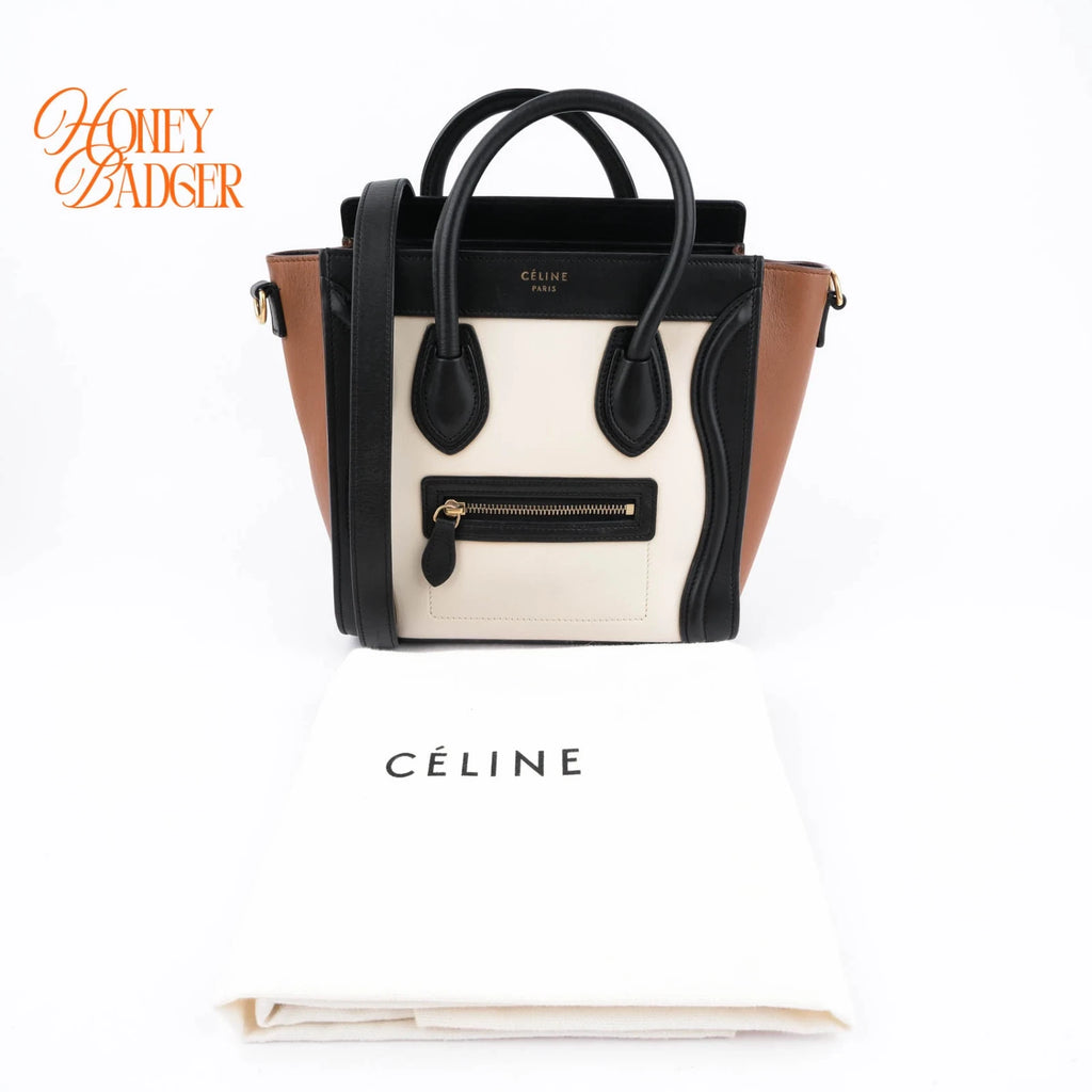 Celine Luggage Nano Leather Tricolor Black White Brown Rank A