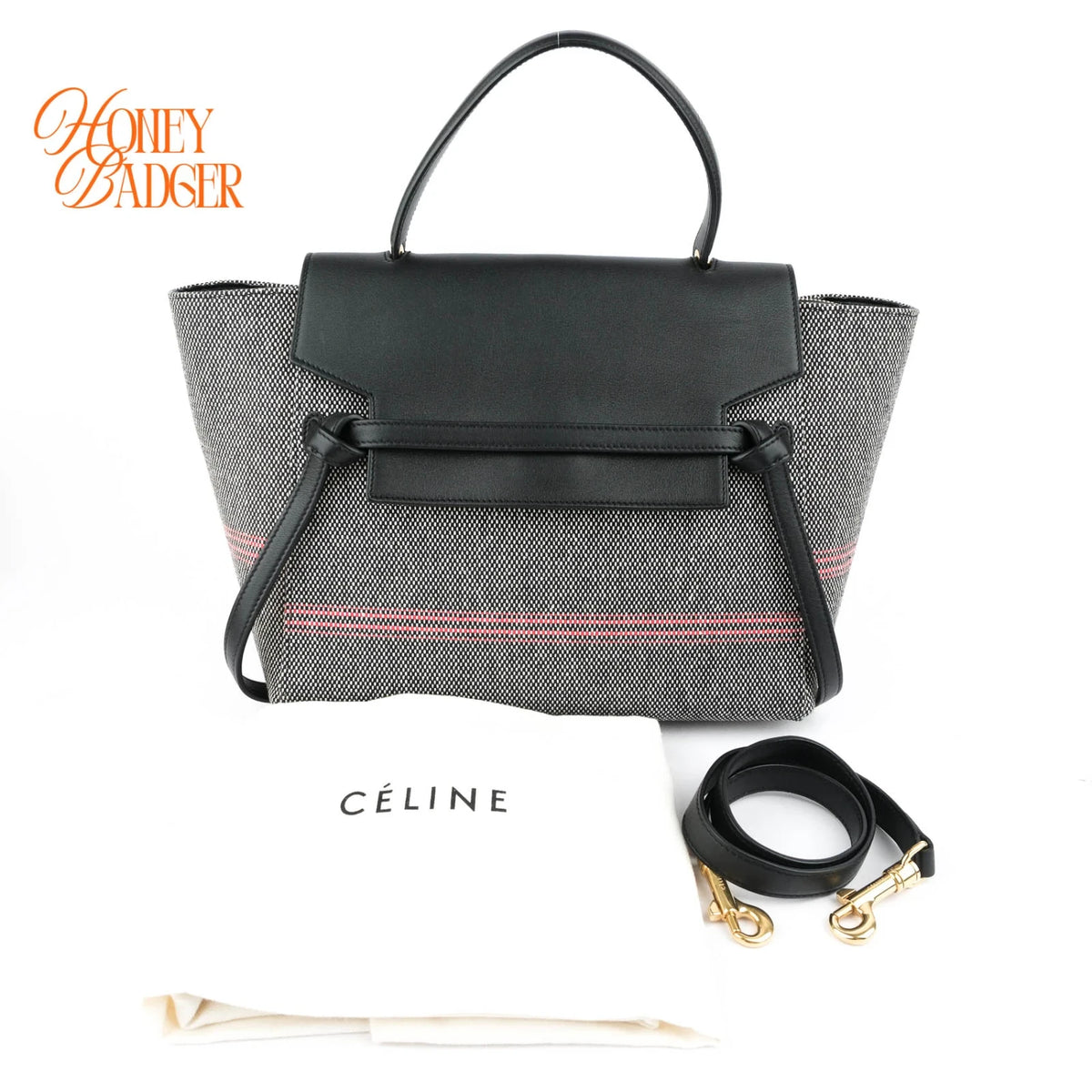 Celine Belt Bag Mini Striped Cotton Canvas Black Calfskin Gold Hardware Rank AB