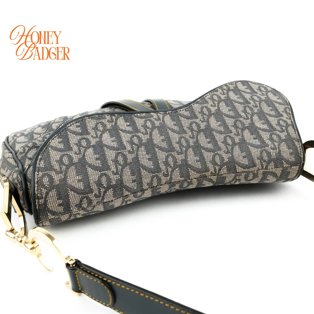 Dior Vintage Double Saddle Bag Oblique Canvas Navy Gold Hardware Rank A