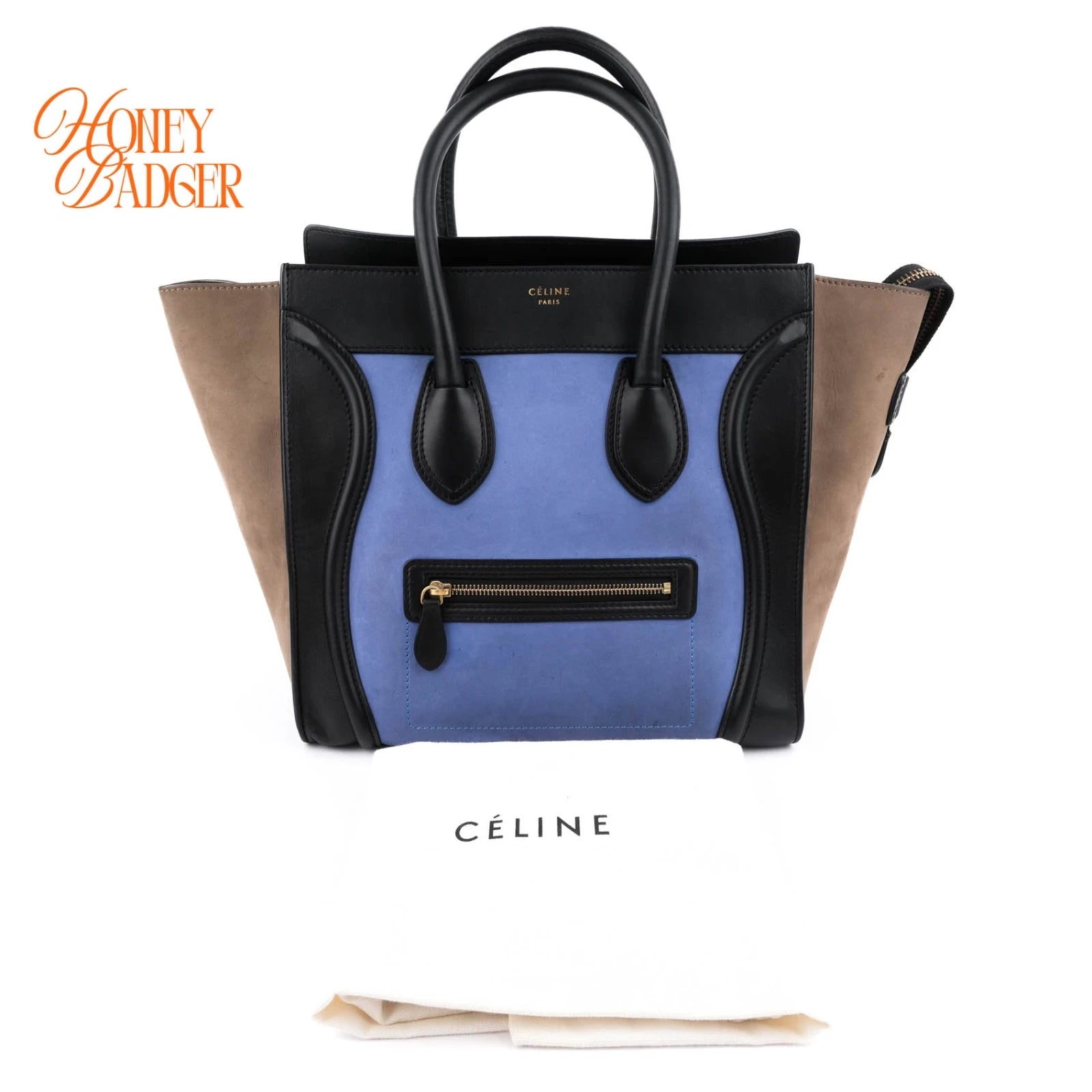 Celine Mini Luggage Tri-Color Nubuck & Calfskin Royal Blue Grey Black Gold Hardware Rank AB