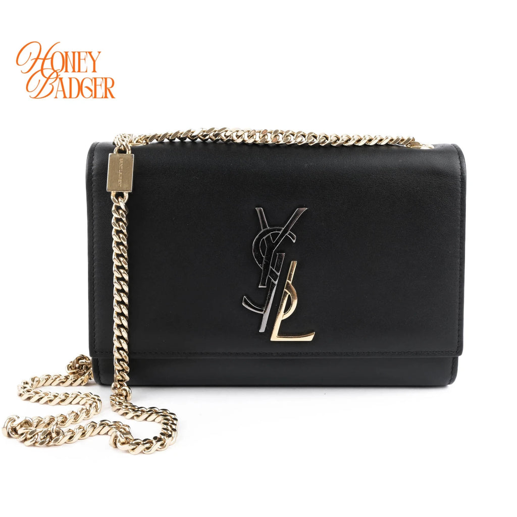 Saint Laurent Kate Small Bicolor Logo Chain Shoulder Bag Black Leather 469390
