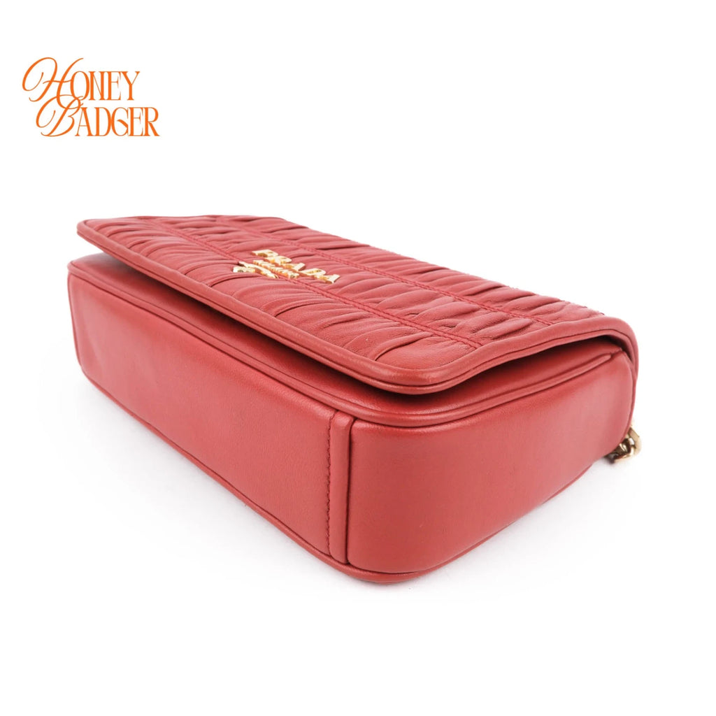 Prada Gauffre Ruched Leather Chain Flap Shoulder Bag Red Gold Hardware
