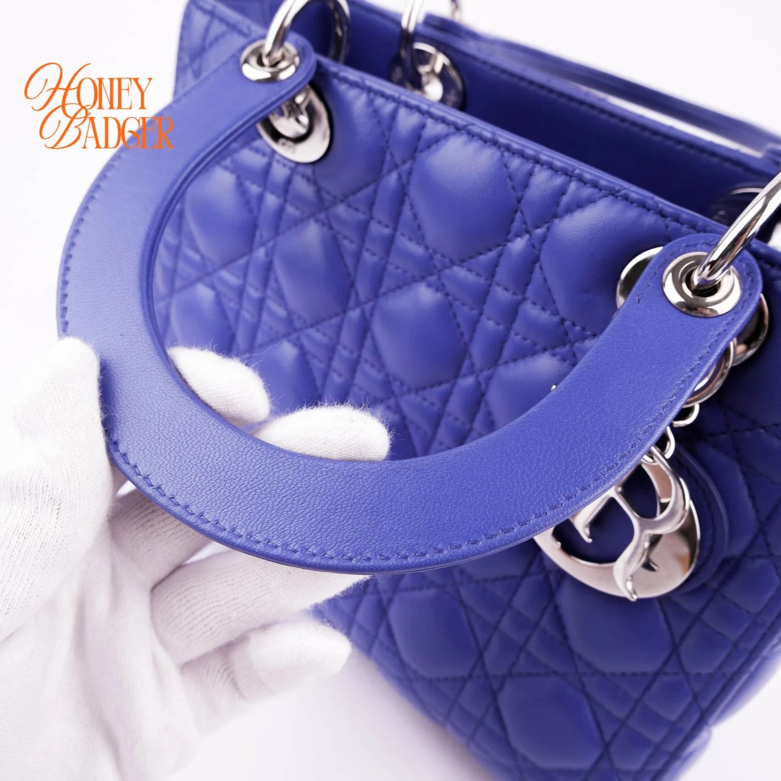 Dior Lady Dior Medium in blue lambskin, Grade A condition.