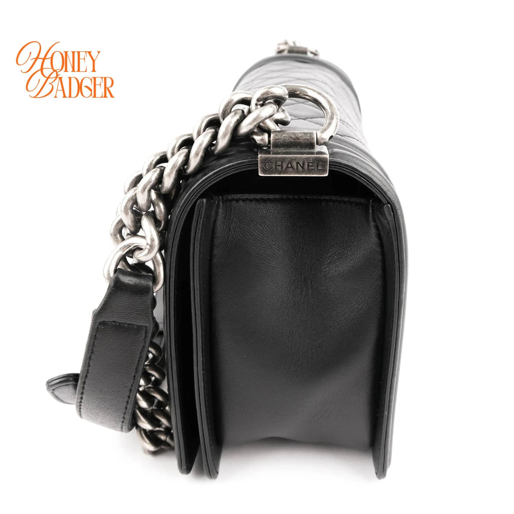 Chanel Boy Medium Calfskin Leather Black Antique Silver Hardware Rank A
