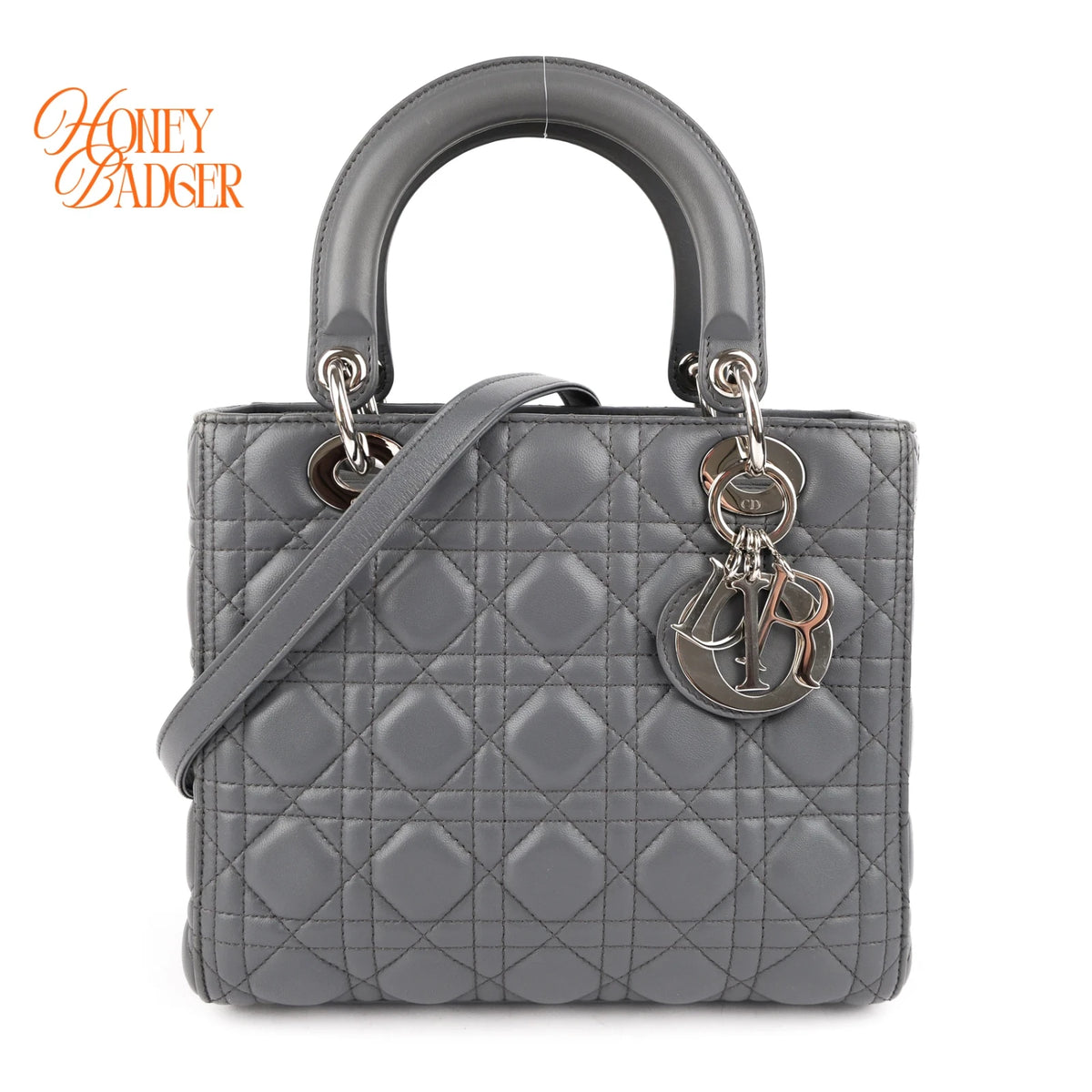 Dior Lady Dior Medium Grey Cannage Leather 2-Way Bag Rank AB