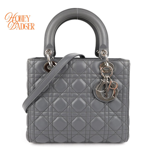 Dior Lady Dior Medium Grey Cannage Leather 2-Way Bag Rank AB