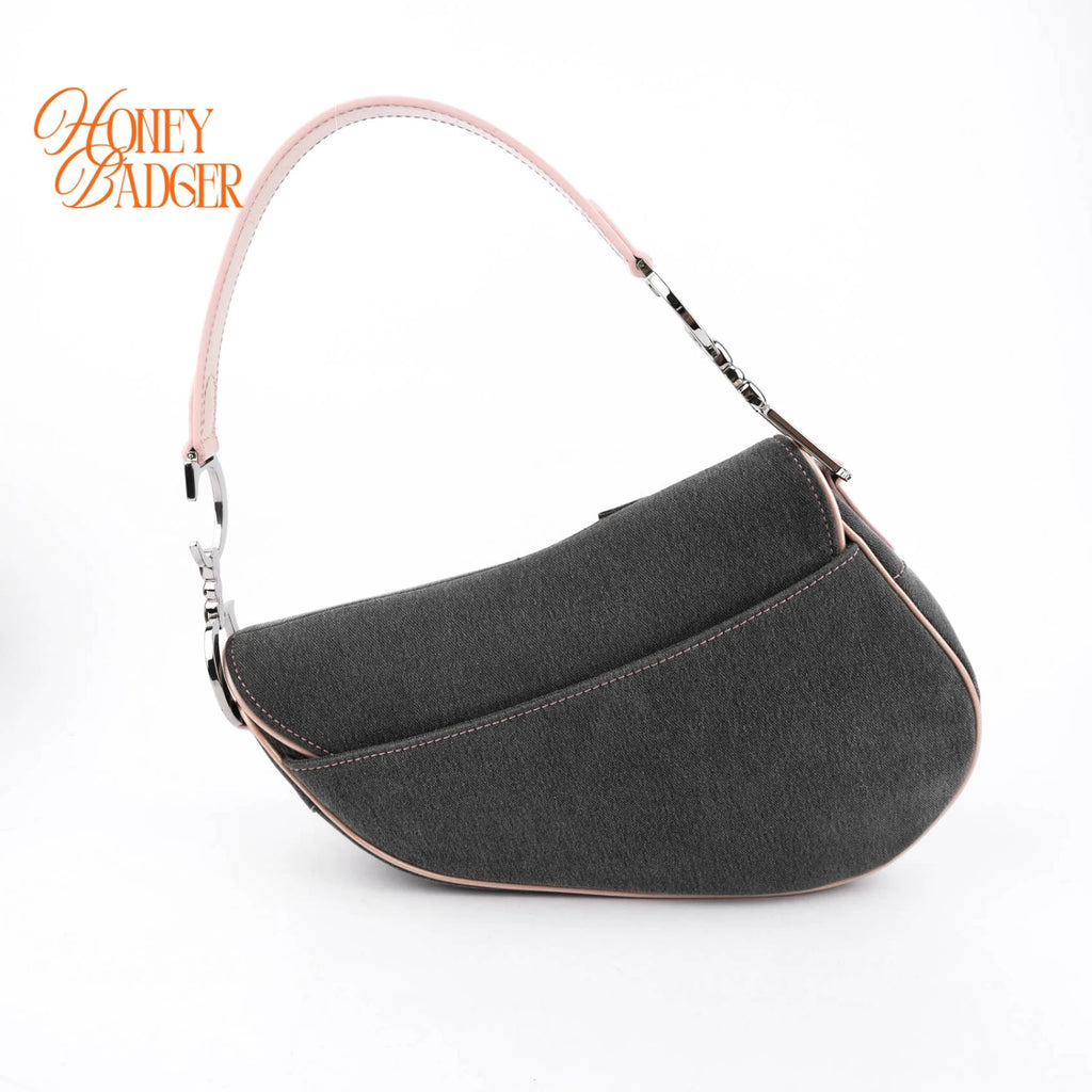 Dior Saddle Large Denim and Patent Leather Grey Pink Rank A