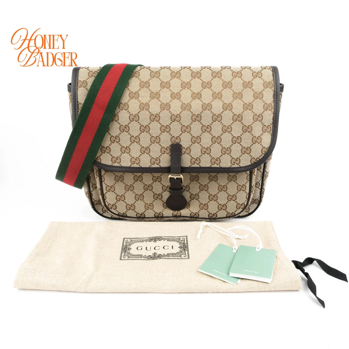 Gucci Original GG Canvas Web Single Buckle Flap Messenger Beige Rank A