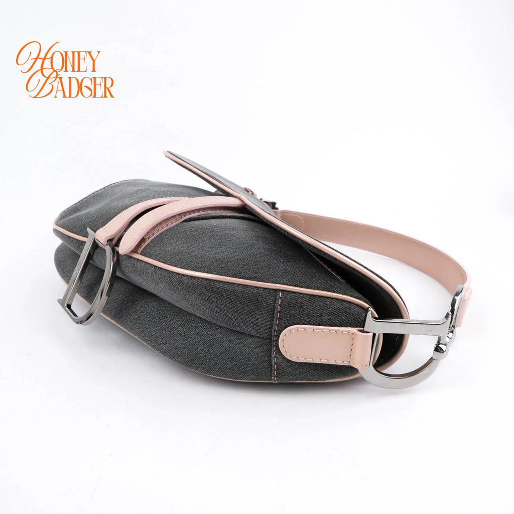 Dior Saddle Large Denim and Patent Leather Grey Pink Rank A