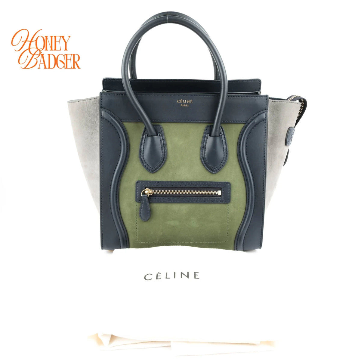 Celine Micro Luggage Tri-Color Suede & Calfskin Navy Green Grey Rank A