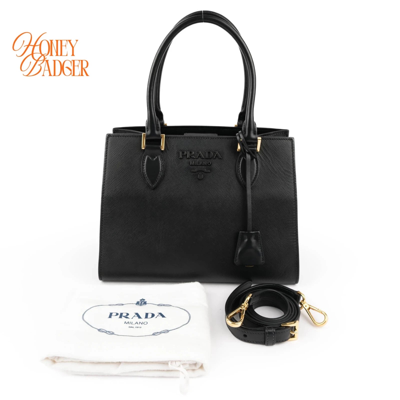 Prada Saffiano Logo Tote Black Leather 2WAY Shoulder Bag