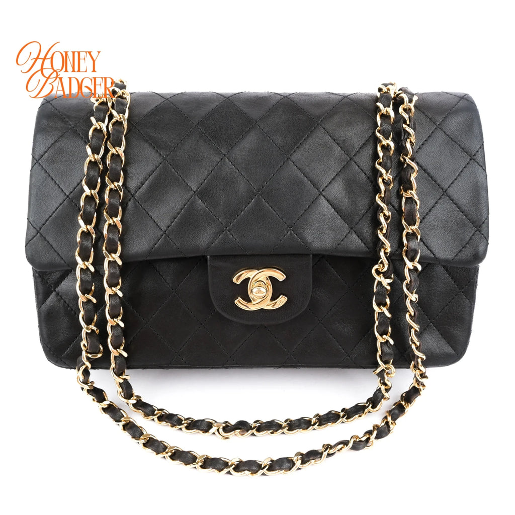 Chanel Classic Double Flap Medium 25 Quilted Lambskin Black Gold Hardware Rank AB