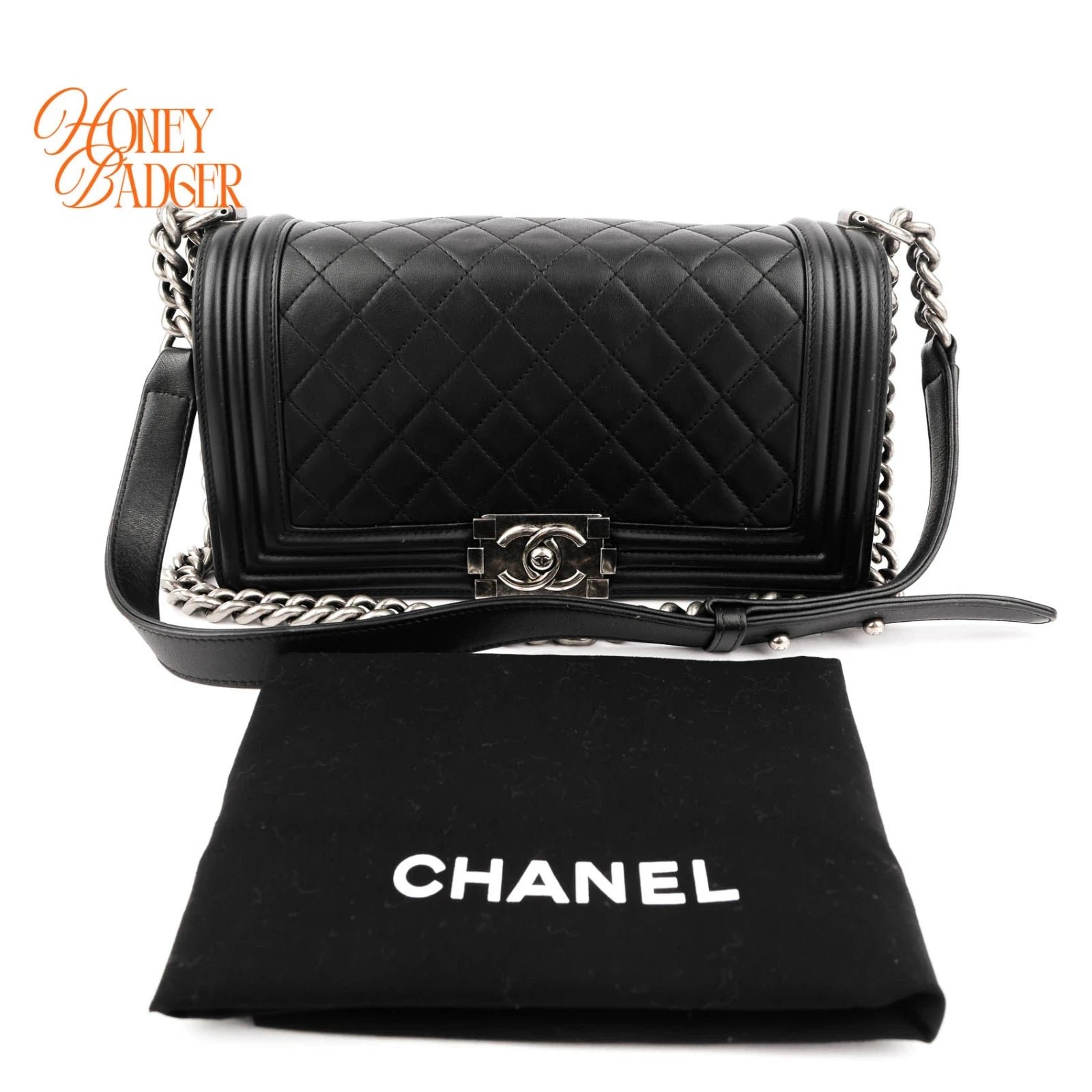 Chanel Boy Medium Calfskin Leather Black Antique Silver Hardware Rank A