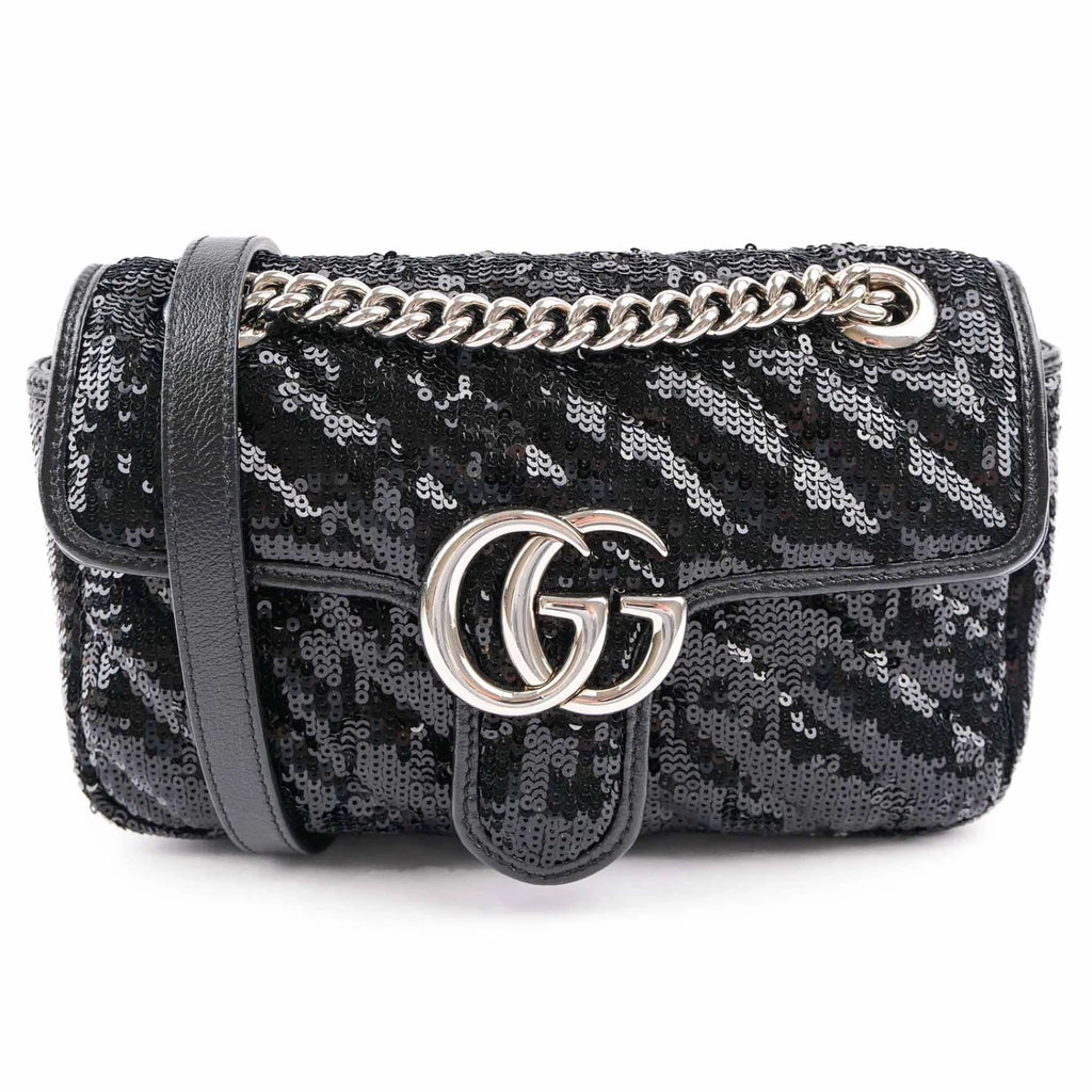 Gucci GG Marmont Medium Sequin Chain Shoulder Bag Black Rank S