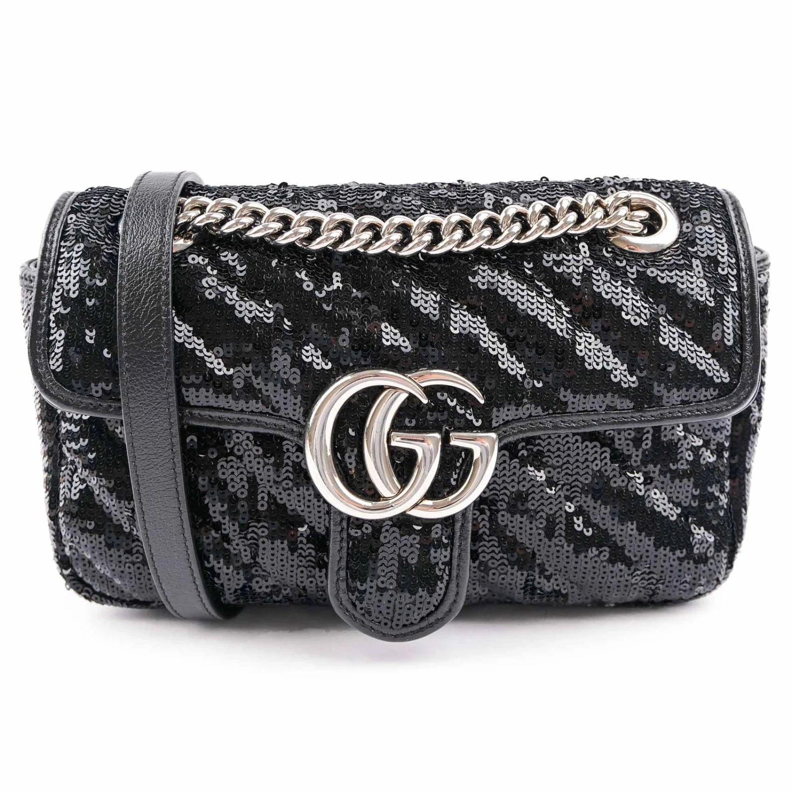 Gucci GG Marmont Medium Sequin Chain Shoulder Bag Black Rank S