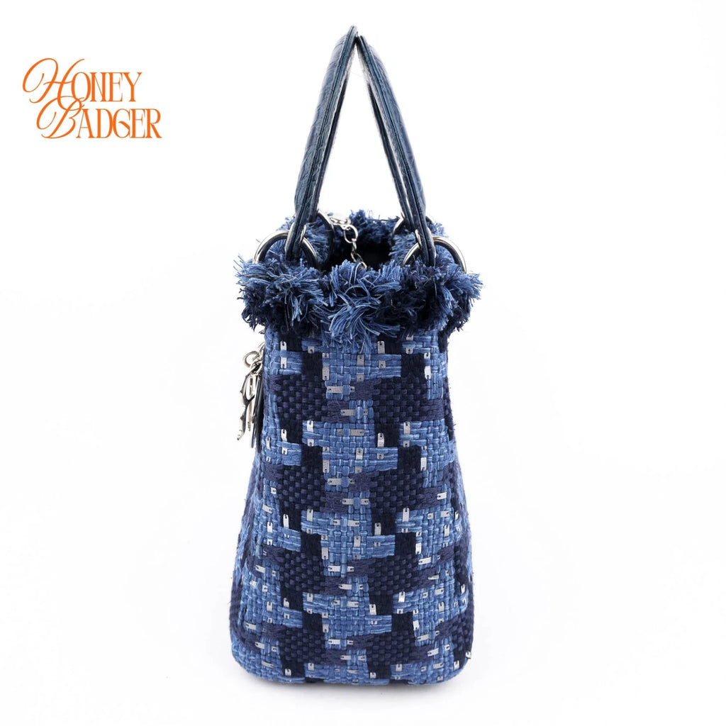 Dior Lady Dior Medium Tweed Navy Blue Silver Hardware Rank A