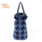 Dior Lady Dior Medium Tweed Navy Blue Silver Hardware Rank A