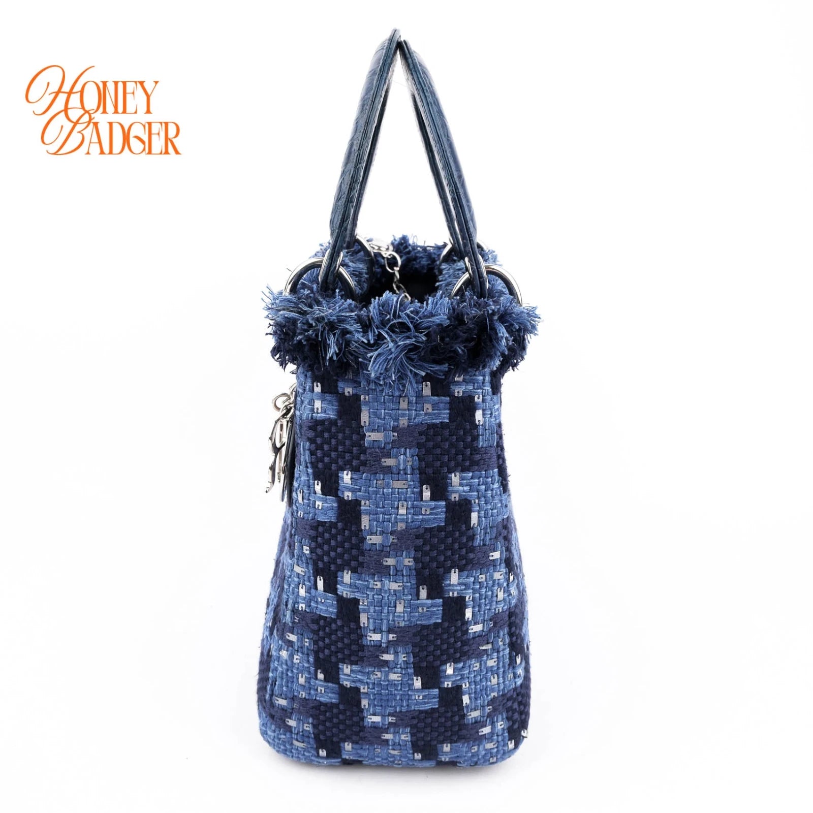 Dior Lady Dior Medium Tweed Navy Blue Silver Hardware Rank A