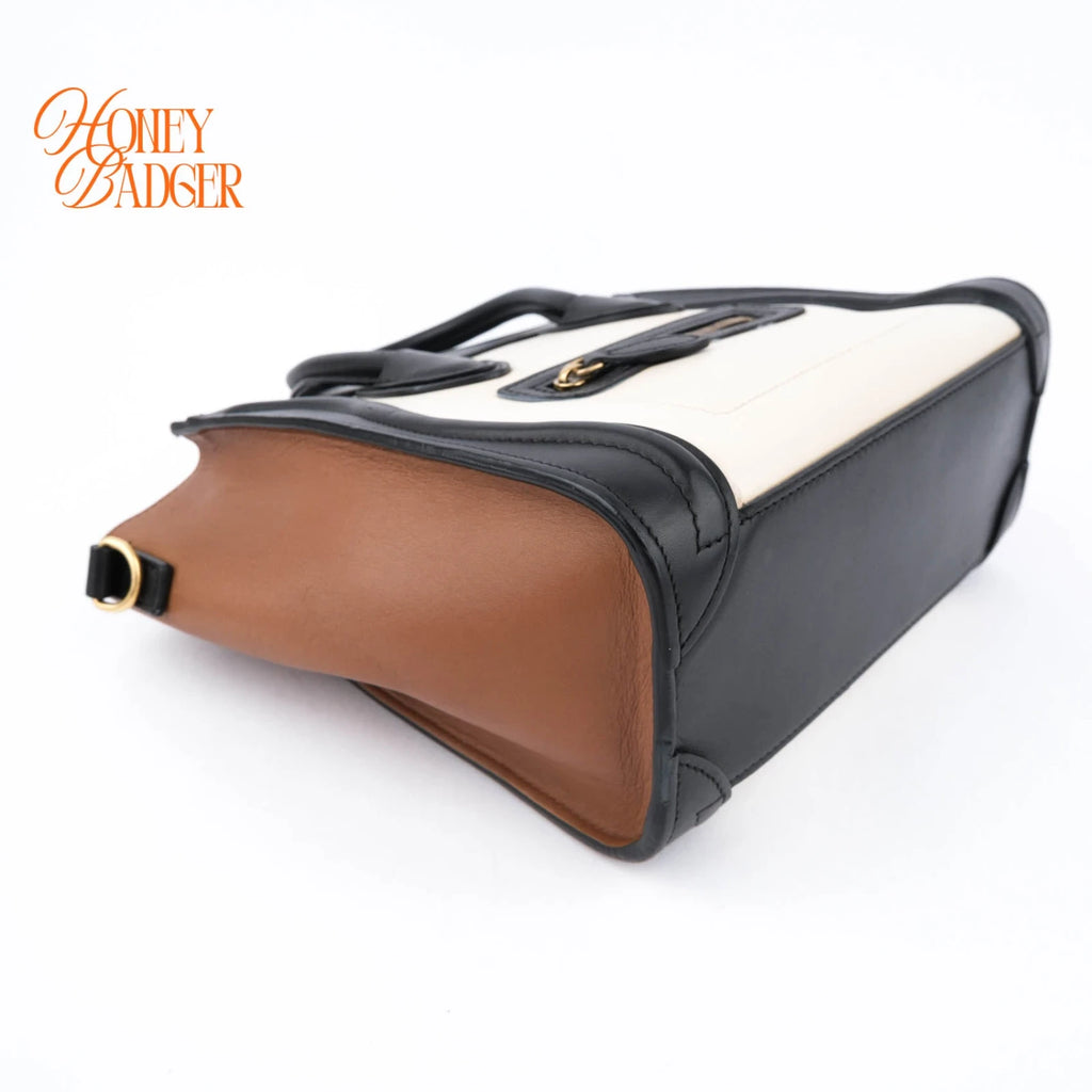 Celine Luggage Nano Leather Tricolor Black White Brown Rank A