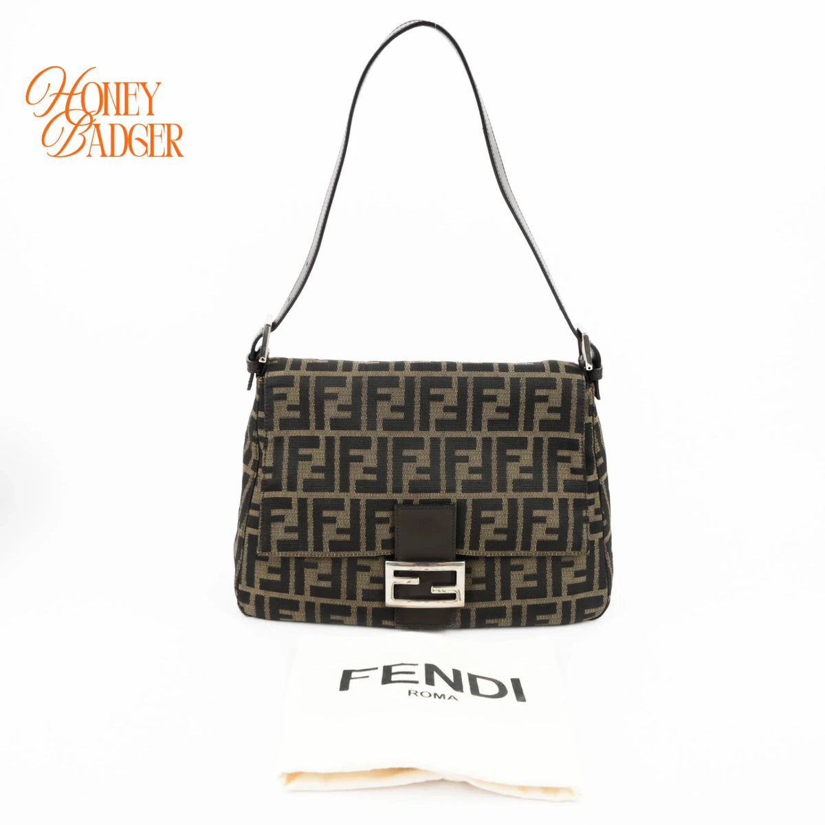 Fendi Mamma Baguette Zucca Canvas Brown Leather Silver Hardware Rank A