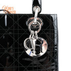 Dior Lady Dior Medium Patent Leather Black Silver Hardware Rank A