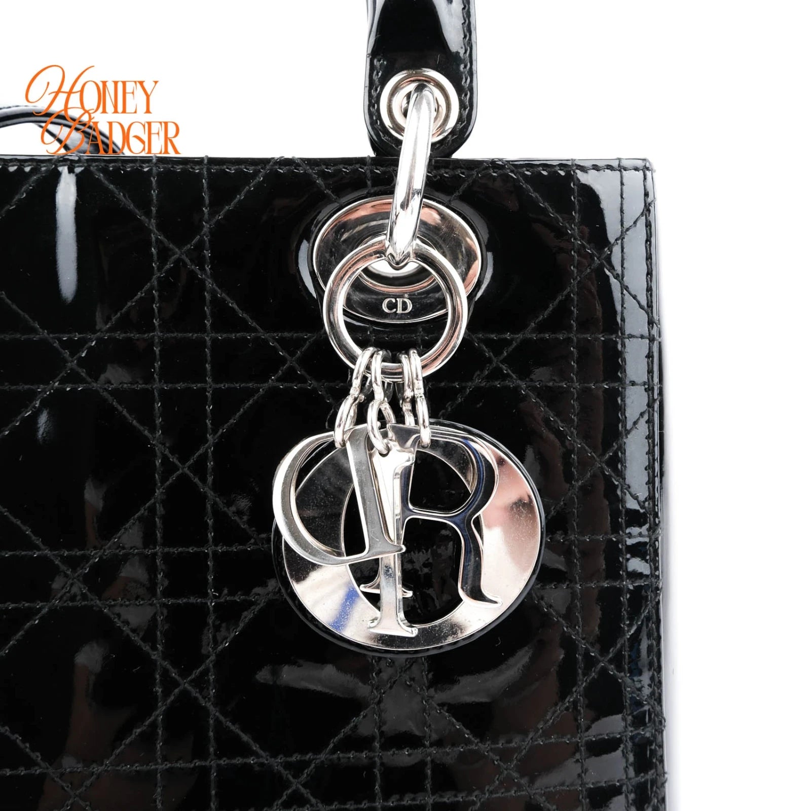 Dior Lady Dior Medium Patent Leather Black Silver Hardware Rank A