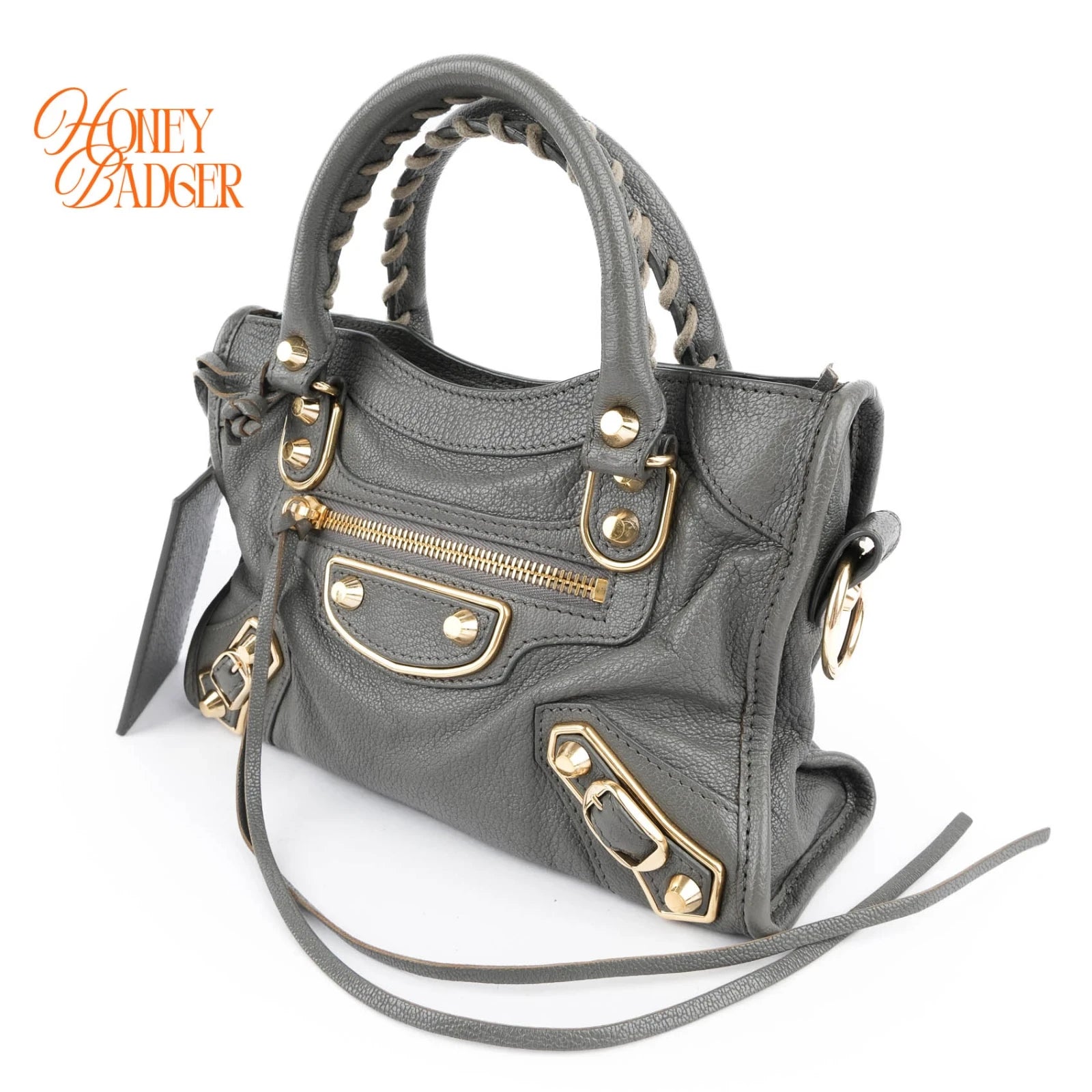 Balenciaga Classic Mini City Grey Leather 2WAY Handbag Gold Edge Studs 390160