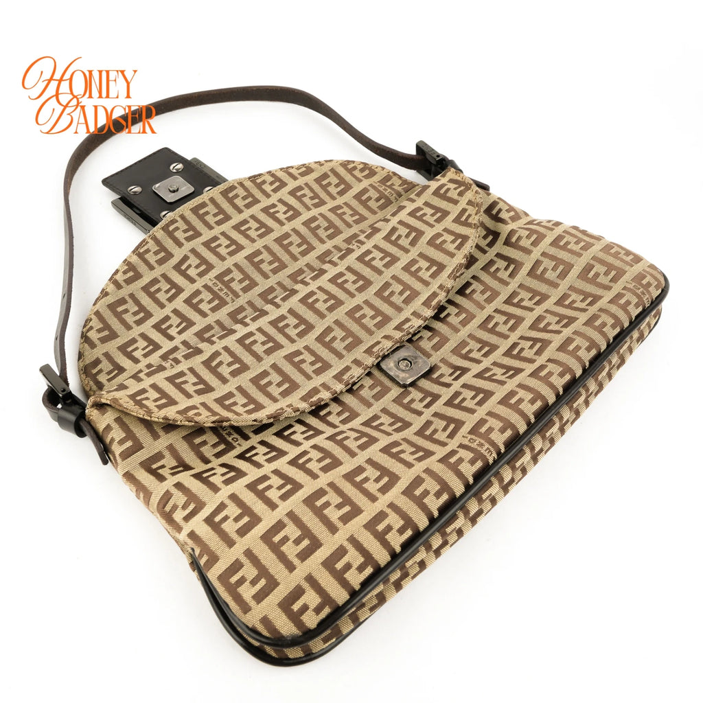 Fendi Zucchino FF Double Flap Baguette Canvas Shoulder Bag Rank B