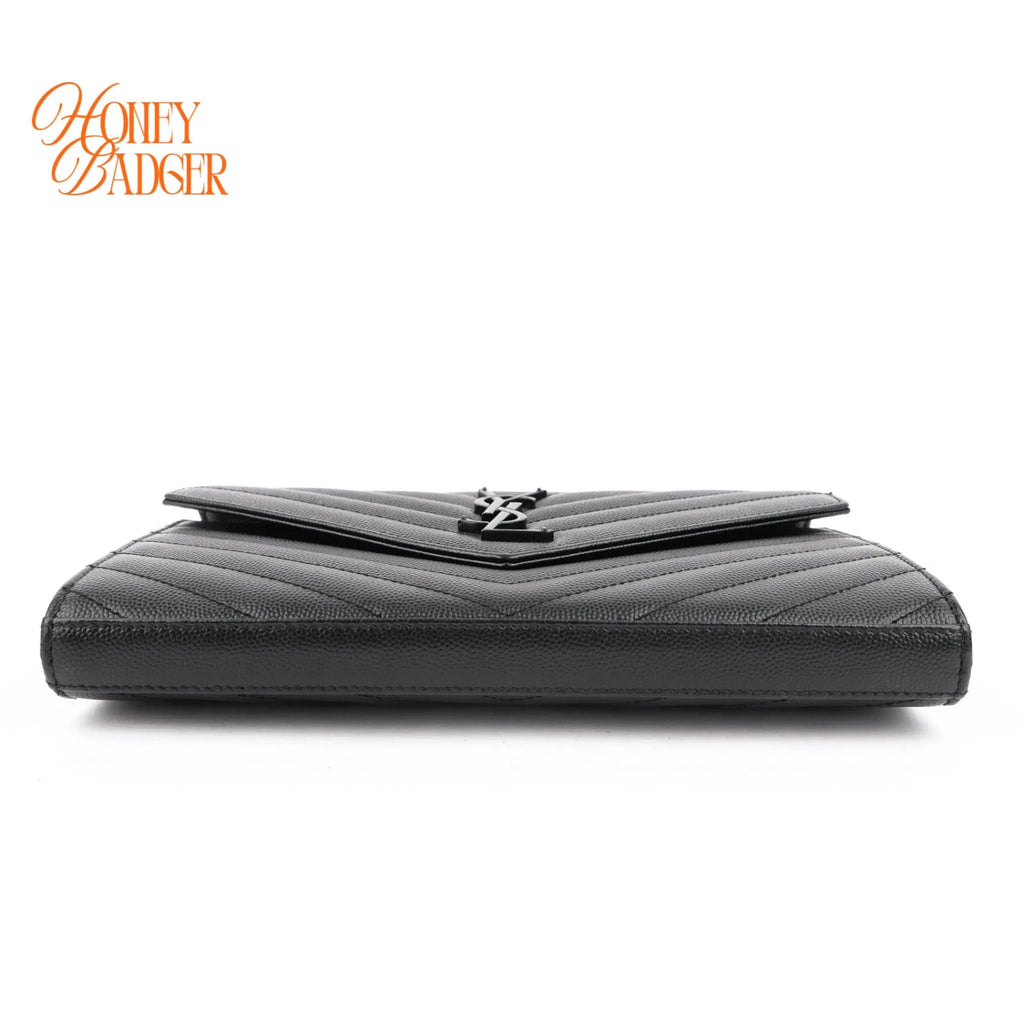 Saint Laurent Classic Cassandre Chain Wallet Grain de Poudre Leather Black Matte Black Hardware Rank A
