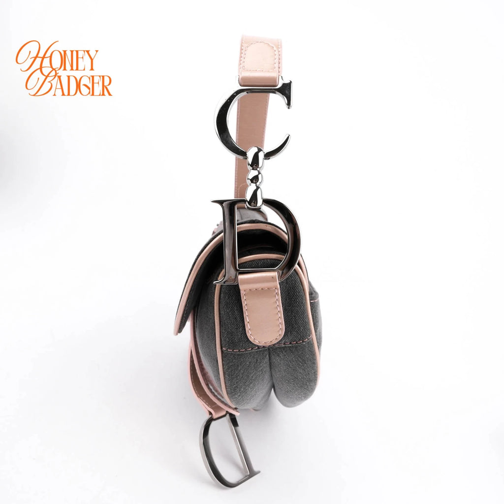Dior Saddle Large Denim and Patent Leather Grey Pink Rank A