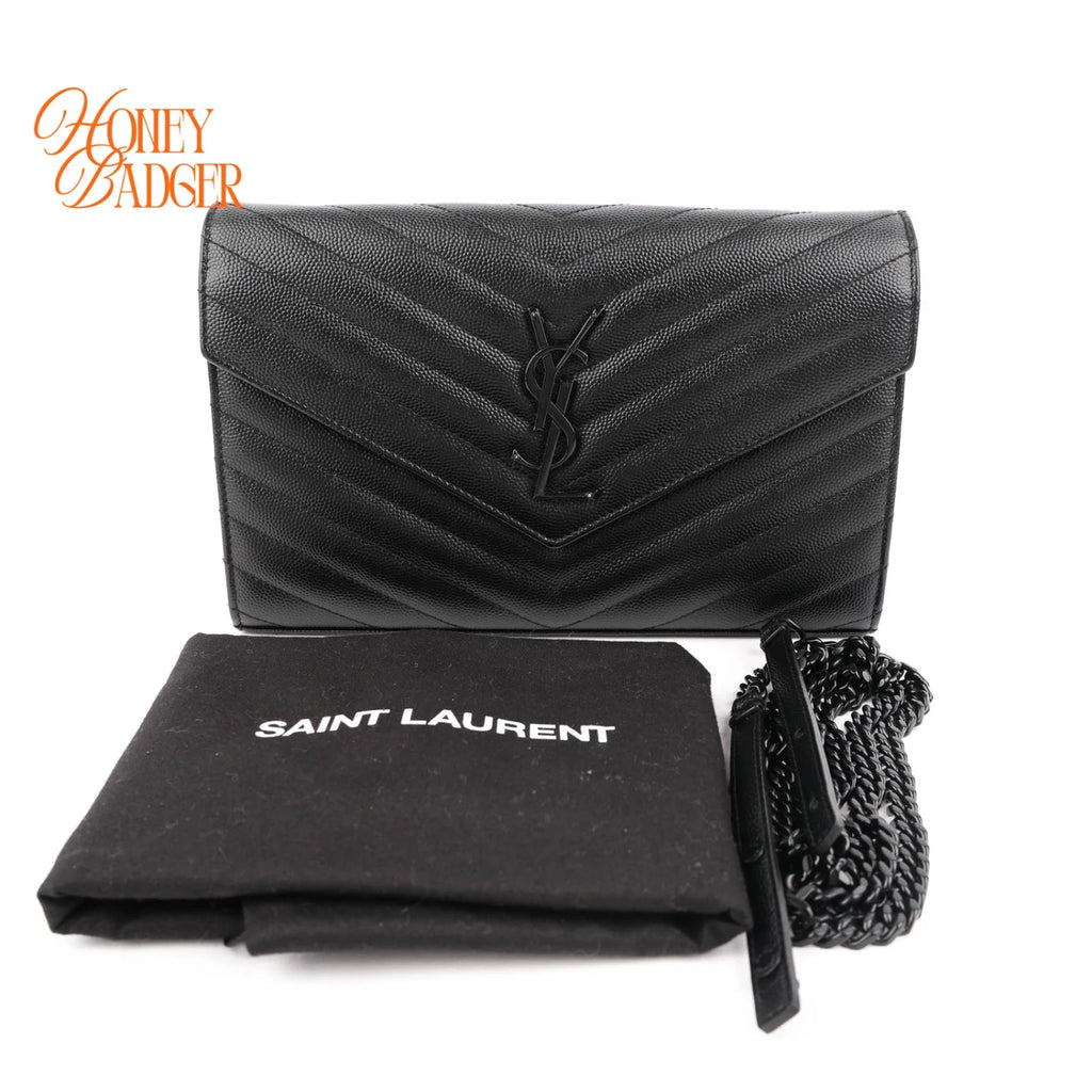 Saint Laurent Classic Cassandre Chain Wallet Grain de Poudre Leather Black Matte Black Hardware Rank A
