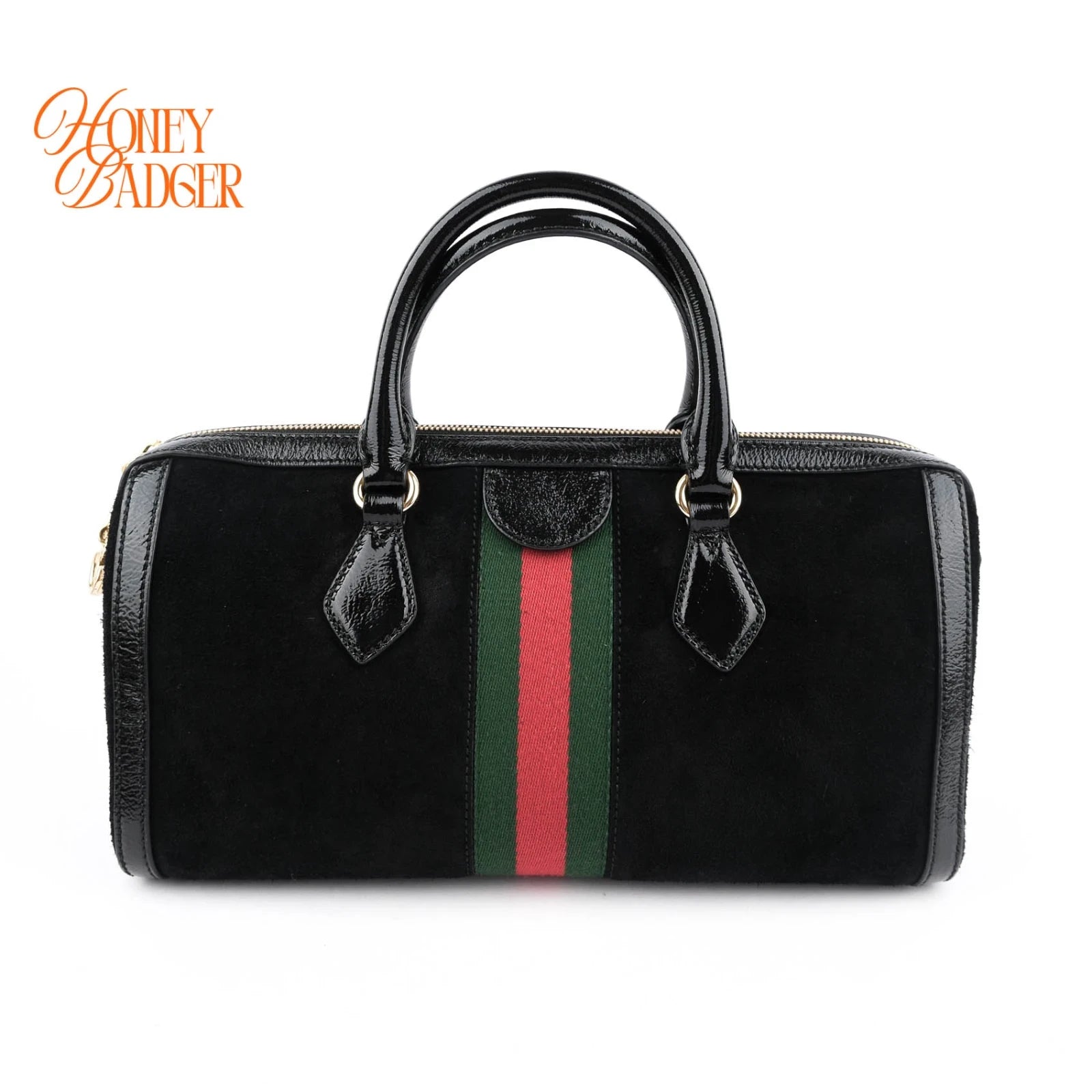 Gucci Boston Bag Large Black Suede Gold Hardware Rank A