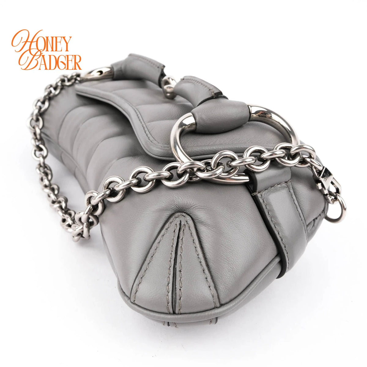 Gucci Horsebit Chain Small Shoulder Bag Quilted Calfskin Grey Palladium Hardware Rank A