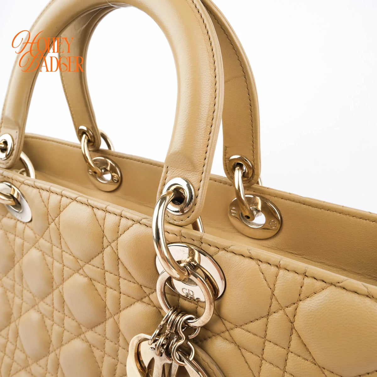 Dior Large Lady Dior Cannage Lambskin Beige Gold Hardware Rank AB