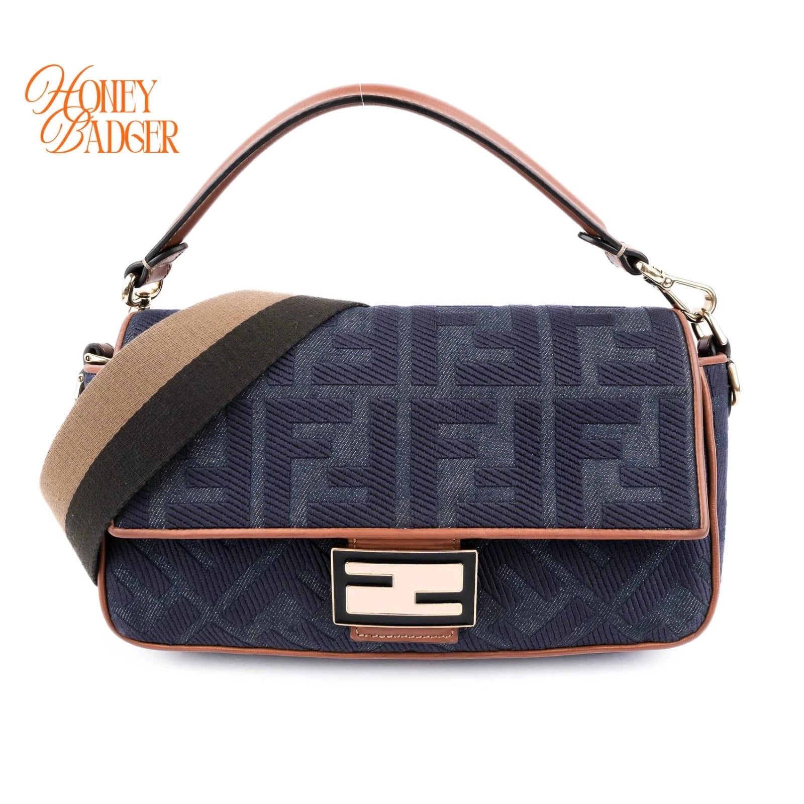 Fendi Baguette Medium FF Zucca Jacquard Canvas Navy Camel Gold Hardware Rank A