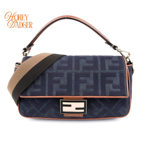 Fendi Baguette Medium FF Zucca Jacquard Canvas Navy Camel Gold Hardware Rank A