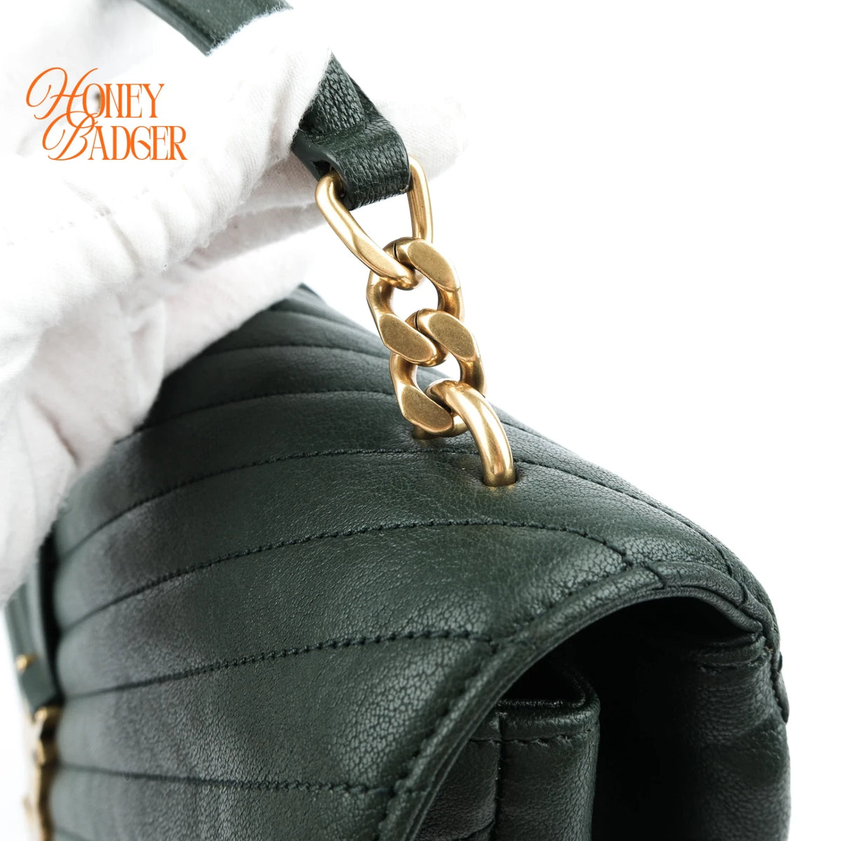 Saint Laurent College Large Green Chevron Quilted Leather 2-Way Shoulder Bag Rank A