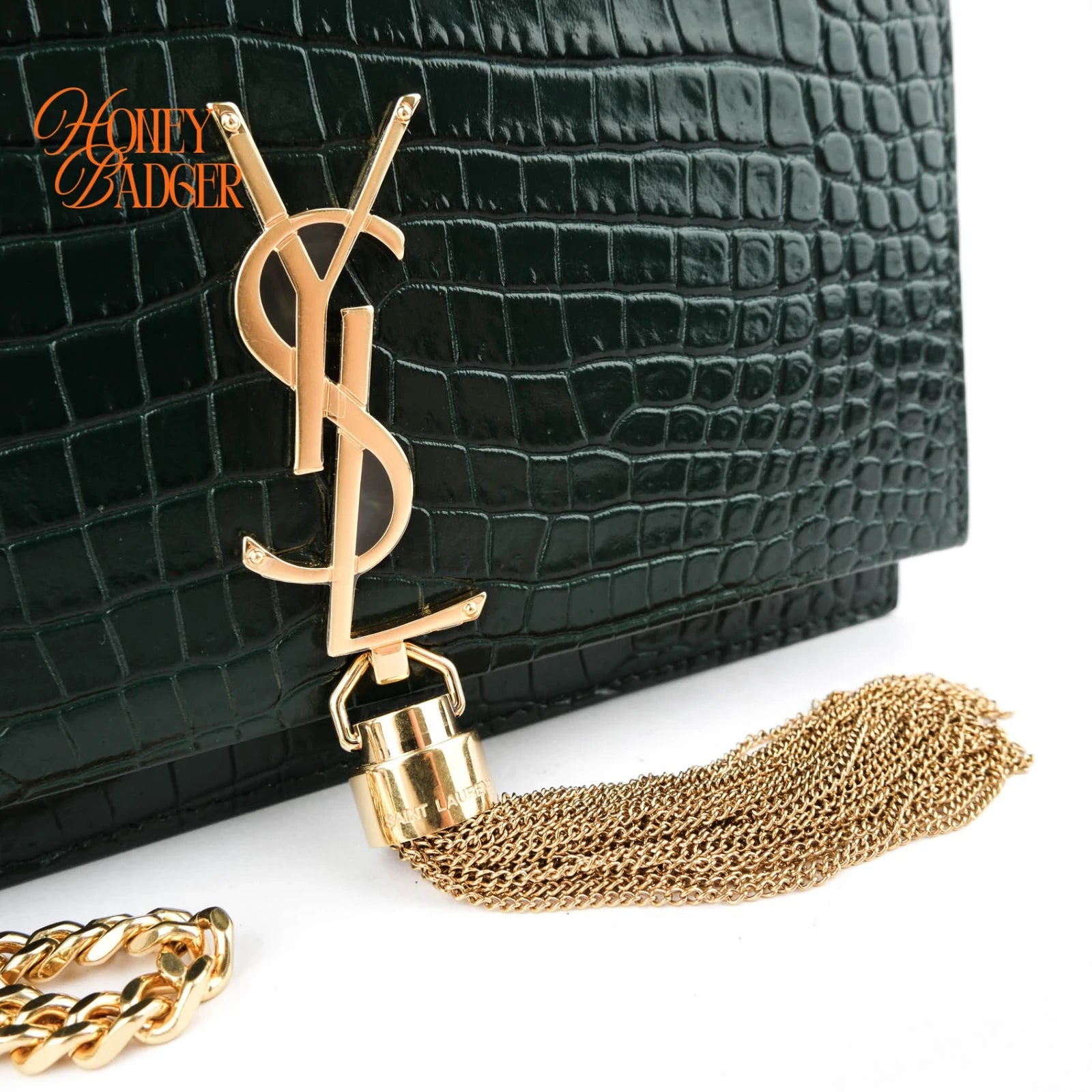 Saint Laurent Kate Tassel Small Croc-Embossed Leather Green Rank A