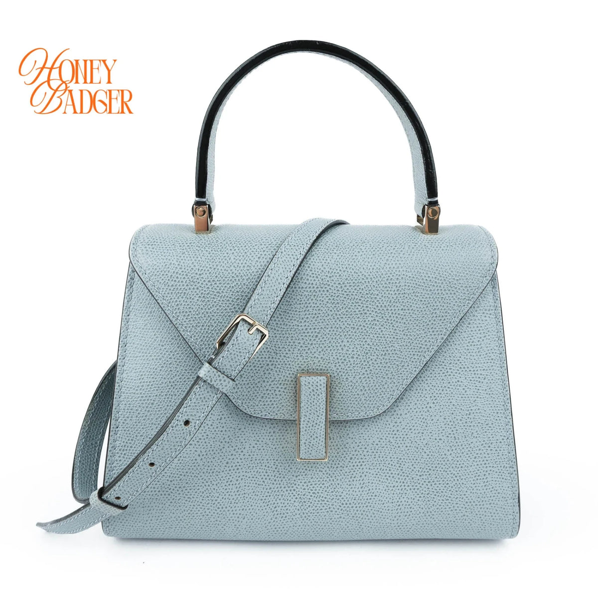 Valextra Iside Mini Grained Calfskin Blue Grey Light Gold Hardware Rank A