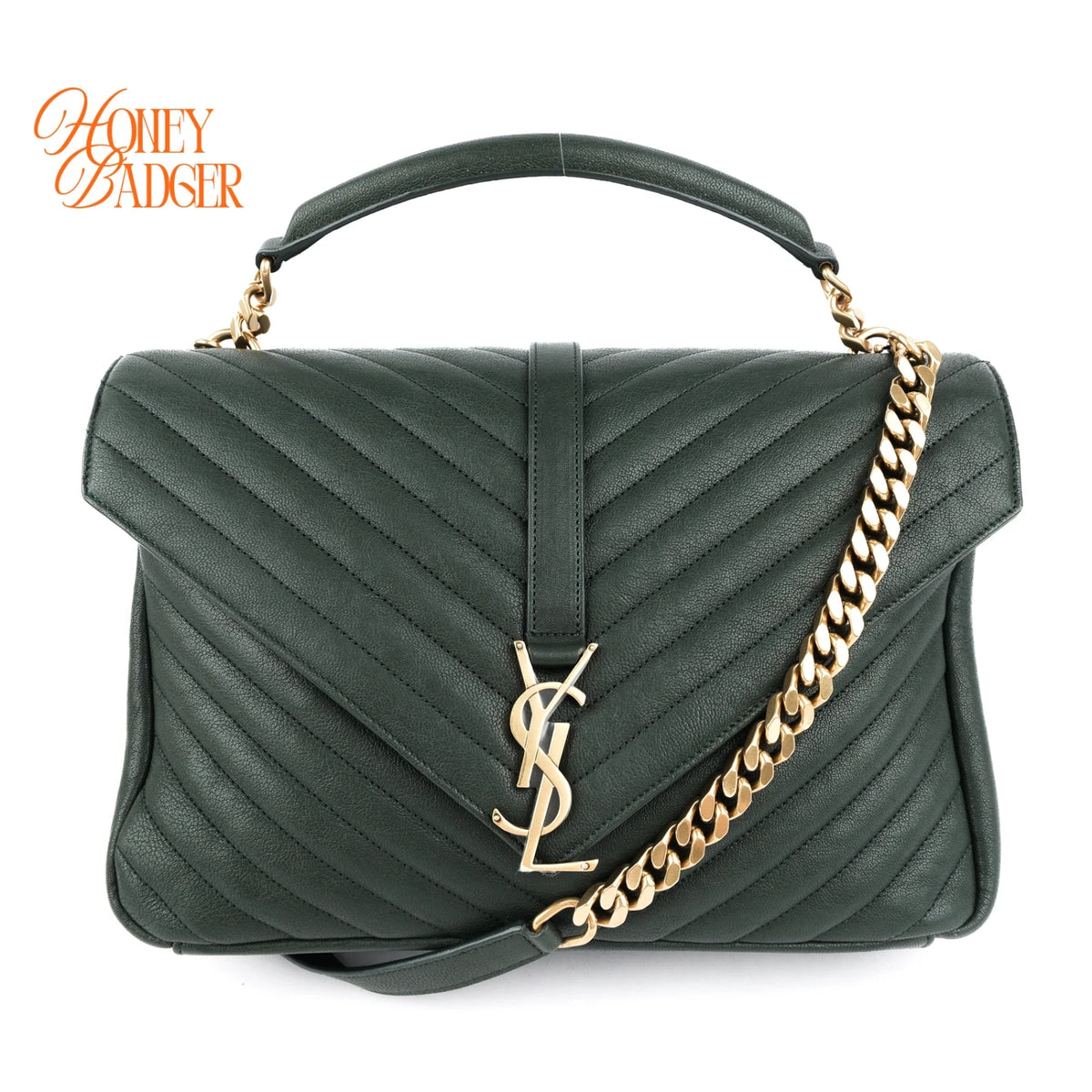 Saint Laurent College Large Green Chevron Quilted Leather 2-Way Shoulder Bag Rank A