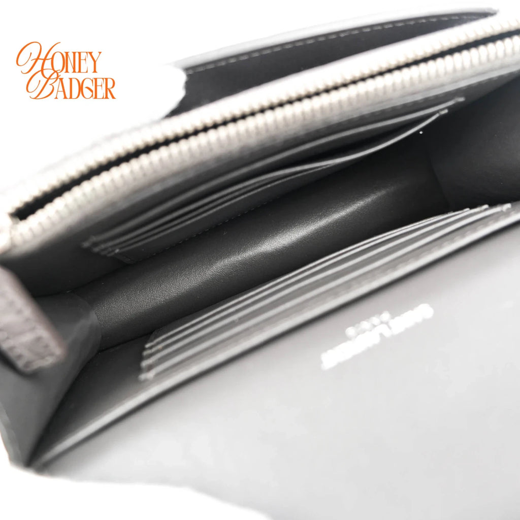 Saint Laurent Sunset Mini Chain Wallet Crocodile-Embossed Calfskin Grey Silver Hardware Rank A