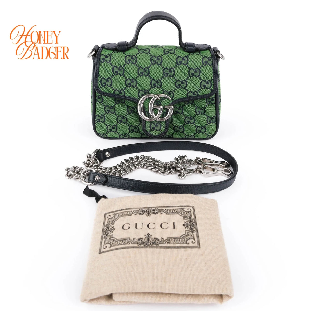 Gucci GG Marmont Mini Top Handle Canvas Green Silver Hardware Rank A
