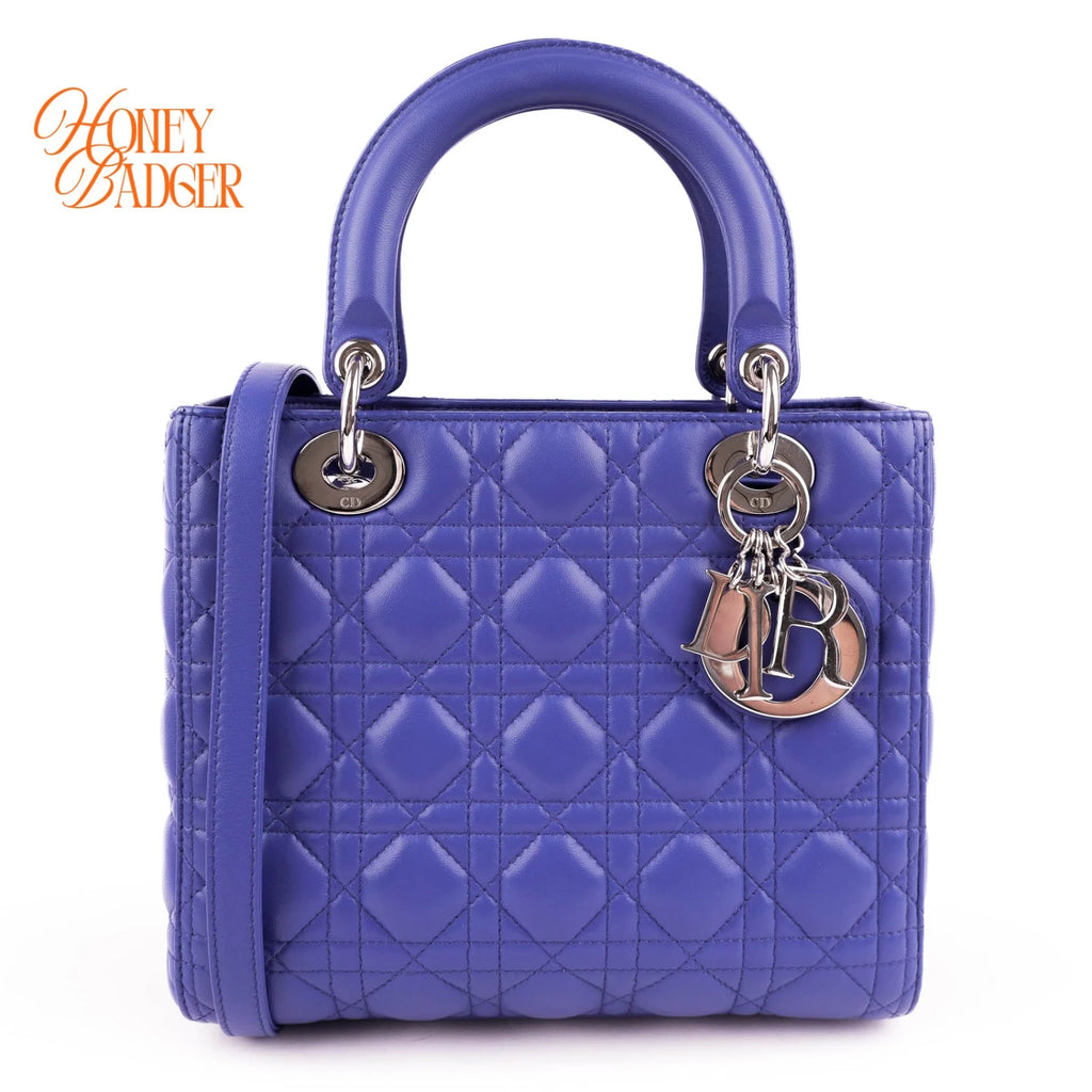 Dior Lady Dior Medium in blue lambskin, Grade A condition.