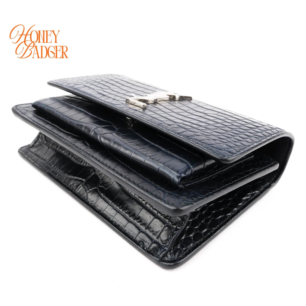 Saint Laurent Sunset Croc-Embossed Leather Navy Silver Hardware Rank A
